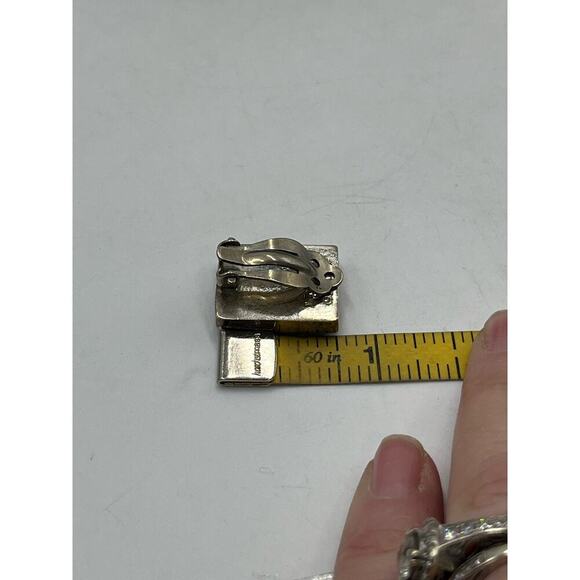 Rectangle Black Glass and 925 Mexico Sterling Silver Clip on Earrings - Picture 11 of 16